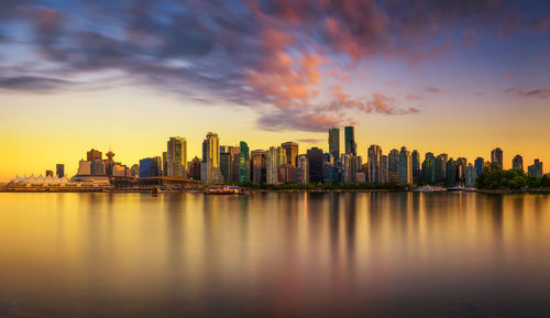 Scenic view of sea and buildings against sky during sunset