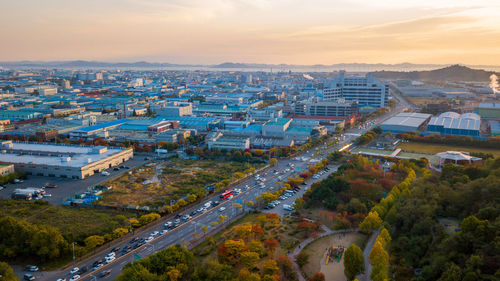 High angle view of street amidst buildings in city