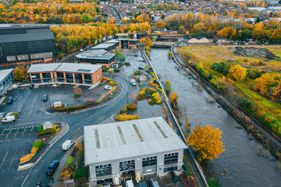 High angle view of street amidst buildings in city