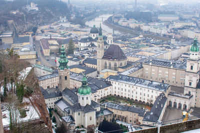 High angle view of buildings in city