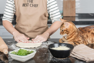 The woman owner and her cat lay out the pizza toppings on the dough.