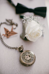 High angle view of white flower on table