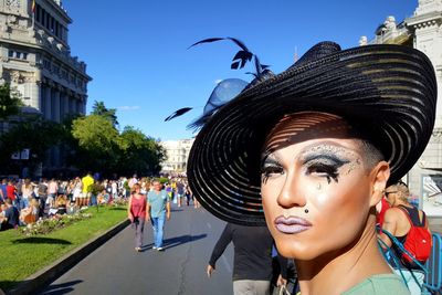 Portrait of drag queen at city street