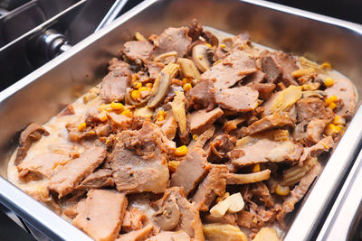 High angle view of meat in cooking pan