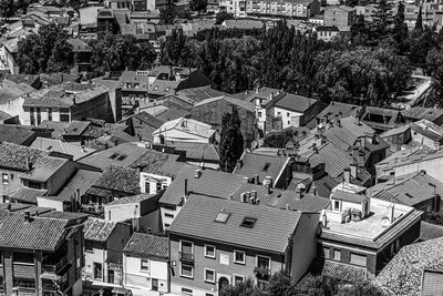 High angle view of houses and trees in town