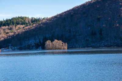 Scenic view of lake against blue sky