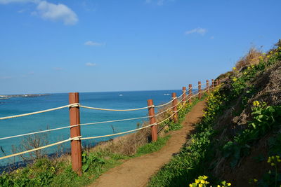 Scenic view of sea against blue sky