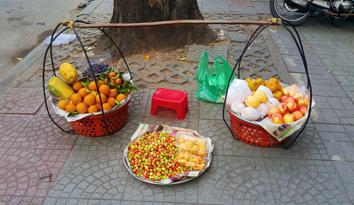 High angle view of multi colored fruits on table