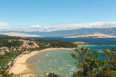 Scenic view of sea and mountains against blue sky