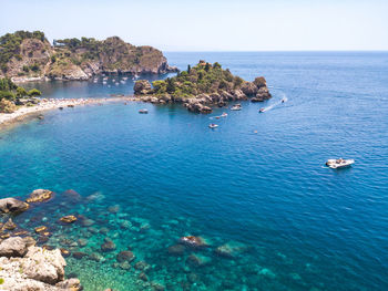 High angle view of sea shore against sky