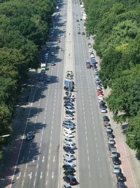 High angle view of vehicles on road in city