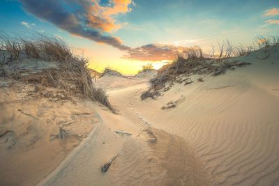 Scenic view of desert against sky during sunset