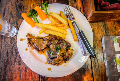 High angle view of food served on table
