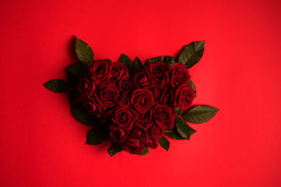 Close-up of rose bouquet against red wall