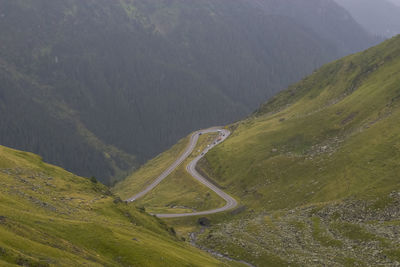 Winding road in valley against mountains