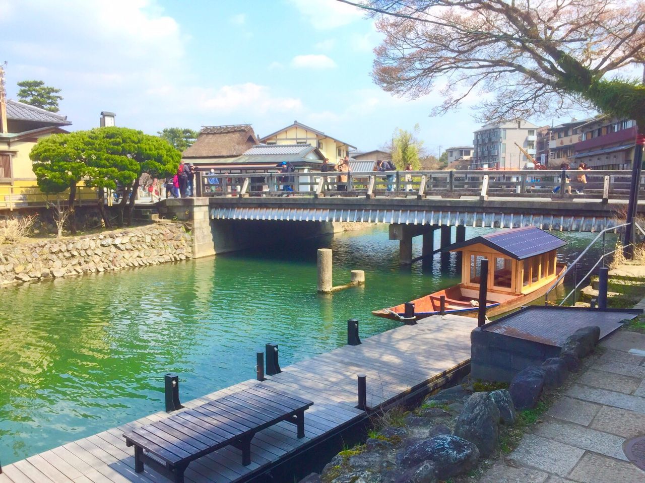 architecture, water, built structure, building exterior, sky, tree, day, canal, railing, outdoors, footbridge, bridge - man made structure, connection, city, no people, nature