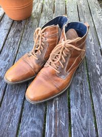 High angle view of shoes on wood