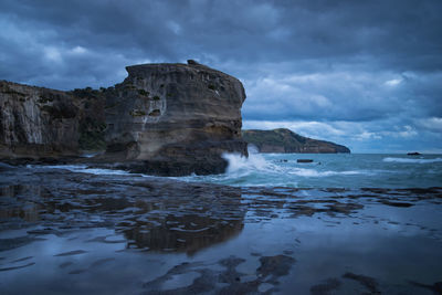 Scenic view of rocks on sea against sky