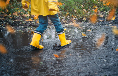 Low section of boy walking in puddle