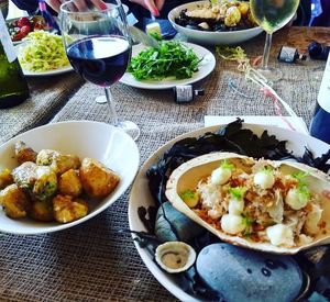 Close-up of served food on table