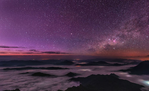 Scenic view of mountains against star field at night