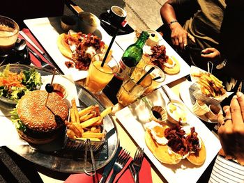 High angle view of food served on table