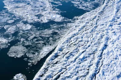 High angle view of snow covered land