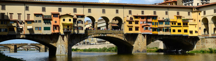 Bridge over river by buildings in city