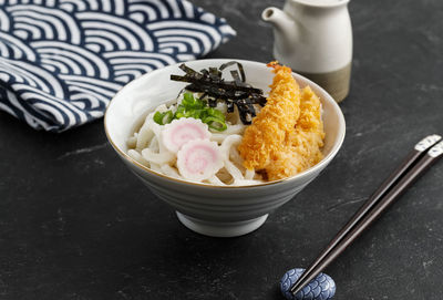 High angle view of food in bowl on table