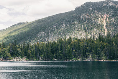 Scenic view of lake by mountains against sky