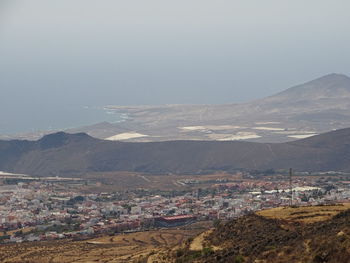 Aerial view of townscape by mountain against sky