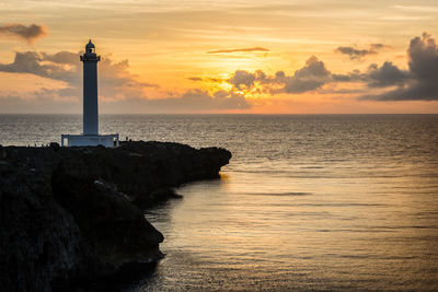 Lighthouse at seaside during sunset