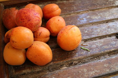 Close up  fresh apricot ripe fruits from english garden orchard summer on kitchen wood wash board 