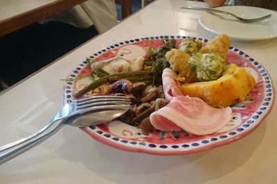 High angle view of food in plate on table
