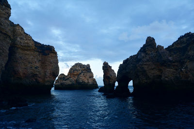 Rock formations in sea against sky