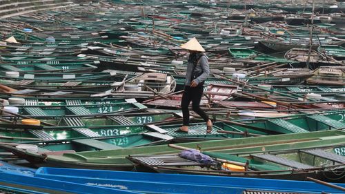 High angle view of man working at harbor