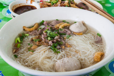 High angle view of soup in bowl on table