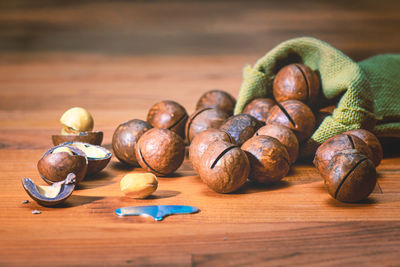 Close-up of chestnuts on table