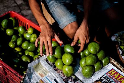 Midsection of vendor selling fruits at market on sunny day