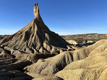 Scenic view of desert against clear blue sky
