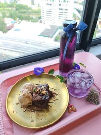 Close-up of food served on table