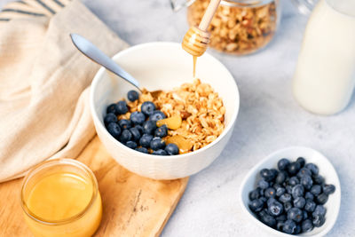 Fresh fragrant homemade granola made from oatmeal, honey, nuts and fresh blueberries. 