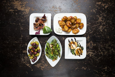 High angle view of serving food on table