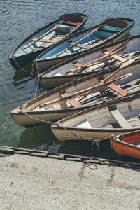 High angle view of fishing boats moored at beach