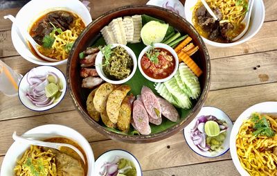 High angle view of food served on table