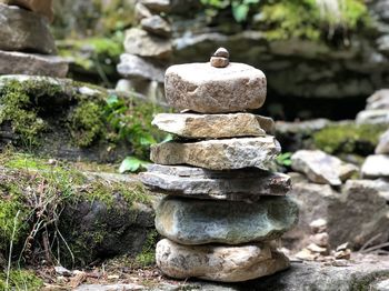 Close-up of stone stack on rock