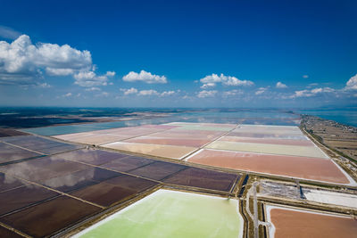 Aerial view of agricultural field against blue sky