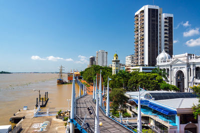 Buildings in city by river against sky