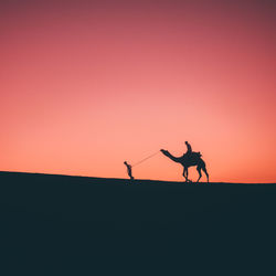 Silhouette man riding camel against clear sky during sunset