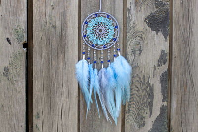 Close-up of feather hanging on wood